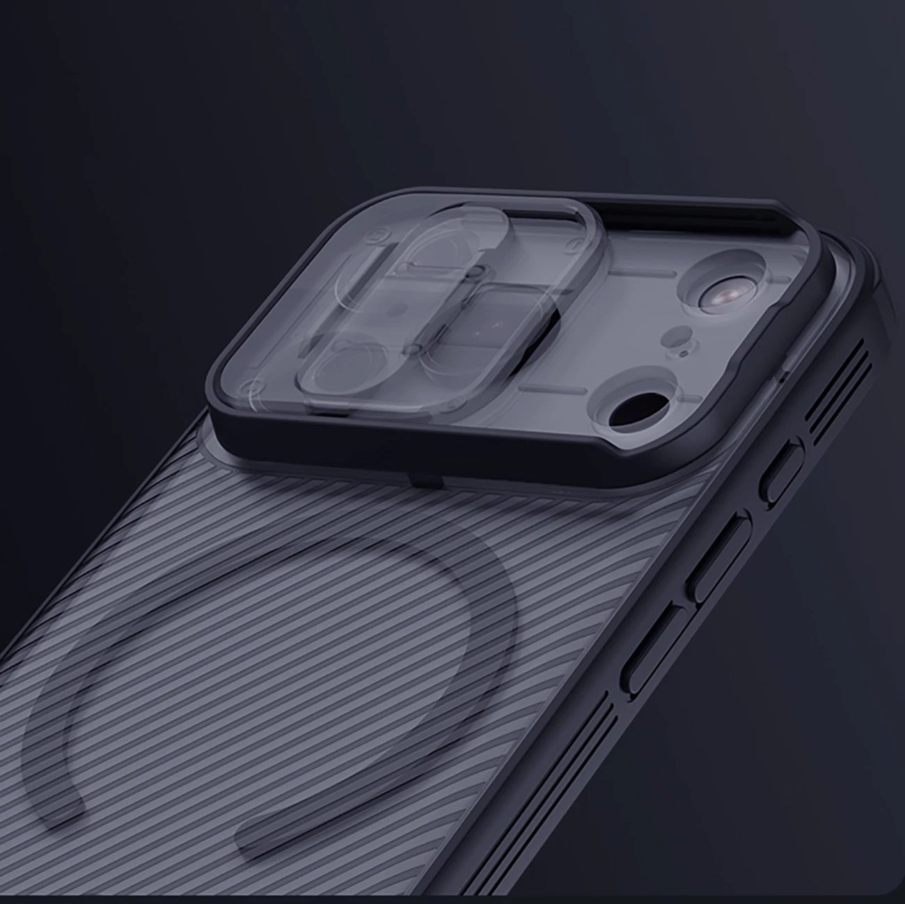 Mbështjellës Nillkin CamShield Pro MagSafe për iPhone 17 Pro Max, PC+TPU, magnet i integruar, kapak rrëshqitës i kamerës, transparent black