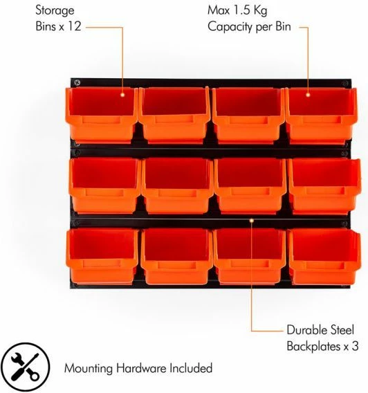 Organizator muri VONHAUS 3500258, set 15 copë, 3 panele çeliku, kuti polipropileni 5 kg/ndarje, portokalli