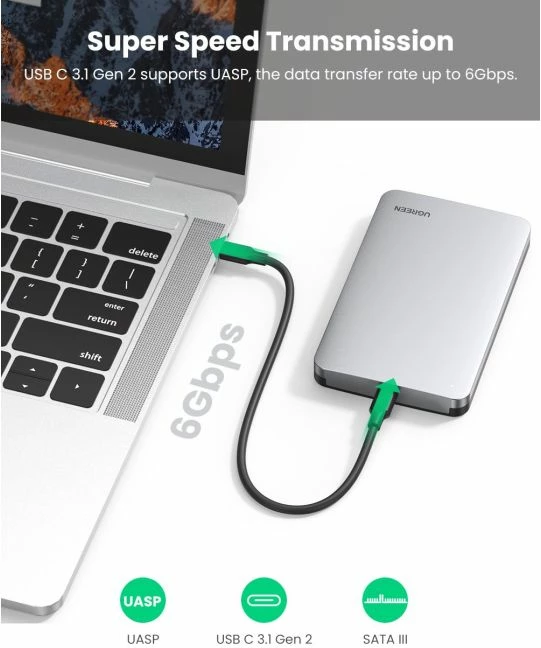 Kasë UGREEN 70499 për HDD/SSD 2.5" SATA, USB-C 3.1 Gen2, UASP, deri 6TB, argjend, me kuti