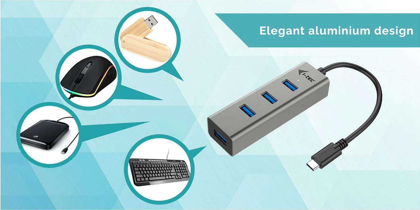 USB-C HUB I-Tec Metal 4 porta, USB 3.2 Gen 1, 5000 Mbit/s, gri