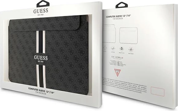 Mbështjellës laptopi Guess 4G Printed Stripes, deri 14", lëkurë eko, e zezë