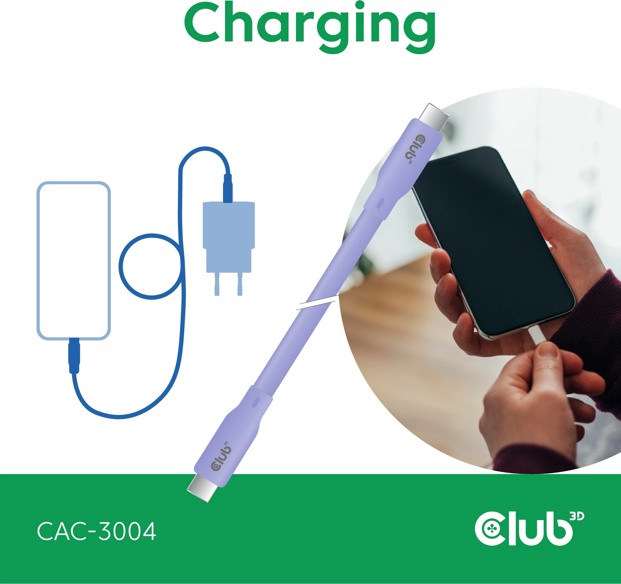 Kabllo USB-C Club3D Lifestyle CAC-3004, 2m, 240W, 20Gbps, lila