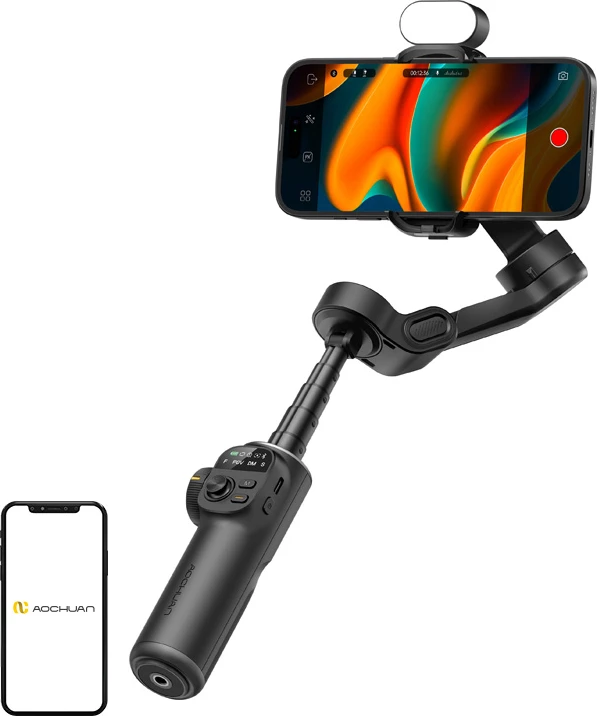 Gimbal AOCHUAN Smart X2, stabilizim 3-bosht, RGB 7 ngjyra, krah zgjatues 20 cm, me tripod, i zi