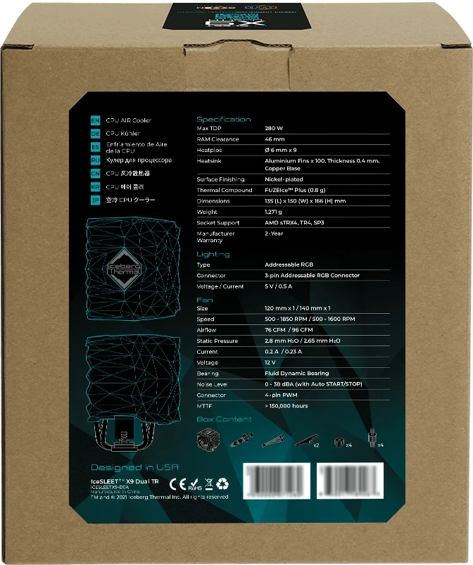 Cooler Iceberg Thermal IceSLEET X9 Dual TR, 2 ventilatorë, ARGB, për AMD Threadripper, teal