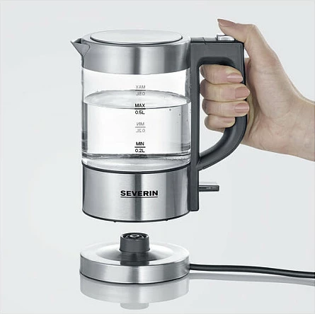 Çajnik elektrik Severin WK 3472, 0.5L, qelq/inoks, argjend