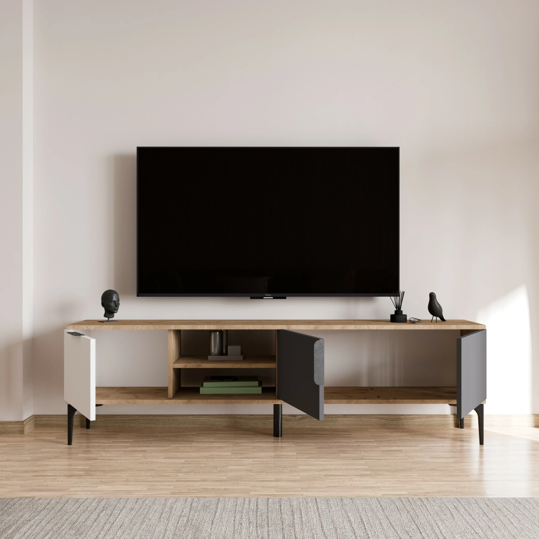 Komodë TV, ngjyrë e bardhë, antracit, lis, Skye Decor, Tarz