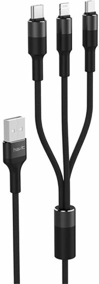 Kabllo karikimi HAVIT HV-CB6131 3-në-1 USB-A në Type-C/Micro USB/Lightning 1.2 m, e zezë