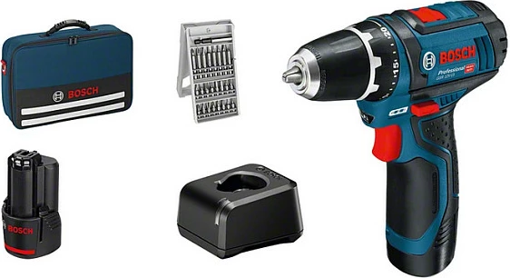 Bormashinë/kaçavidë me bateri Bosch GSR Professional 12V-15, 12V Li-Ion, 1 bateri, me karikues, me valixhe, blu/zezë