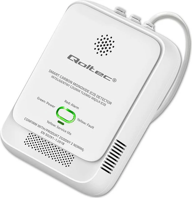 Sensor monoksidi karboni (CO), Qoltec 52576, alarm 85 dB + LED, sensor elektro-kimik, i bardhë