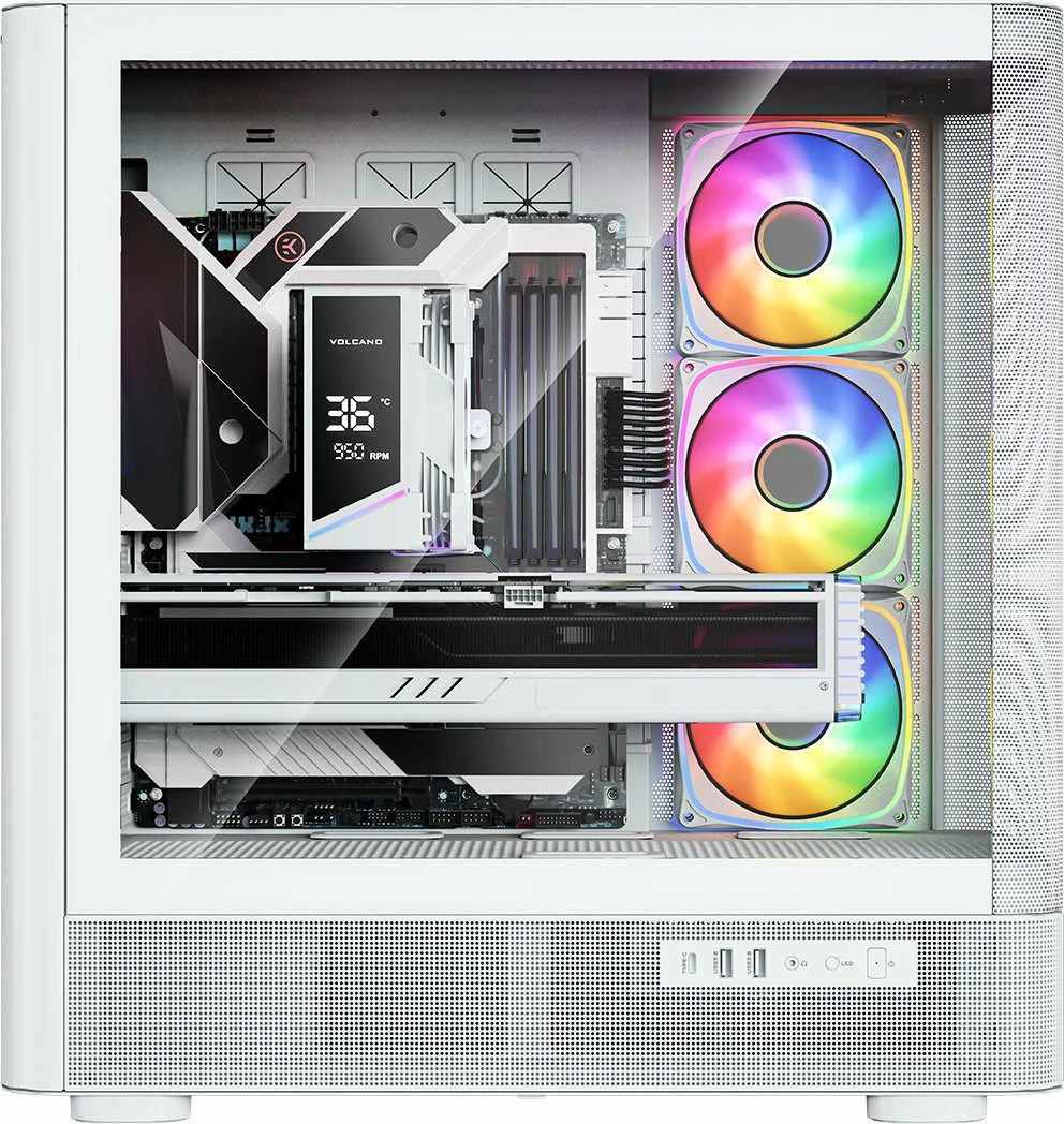 Kasë Modecom Volcano AQ500 ARGB MC-A-AQ500-4FA-W, Midi Tower, LCD ekran, 4x120mm ARGB ventilatorë, ATX/mATX/ITX, USB-C, e bardhë