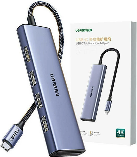 Hub USB-C Ugreen CM511, 6-në-1, HDMI 4K, 3x USB-A, lexues SD/TF, argjendtë
