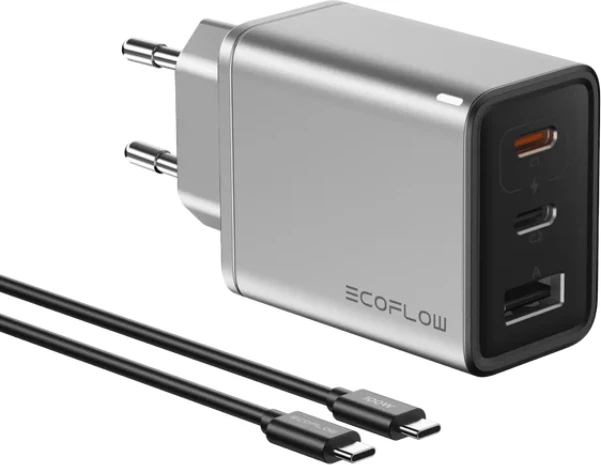Karikues EcoFlow Rapid Charger MPN 5016801003, 65W GaN, 2x USB-C + 1x USB-A, me kabllo USB-C–USB-C 1 m, i hirtë