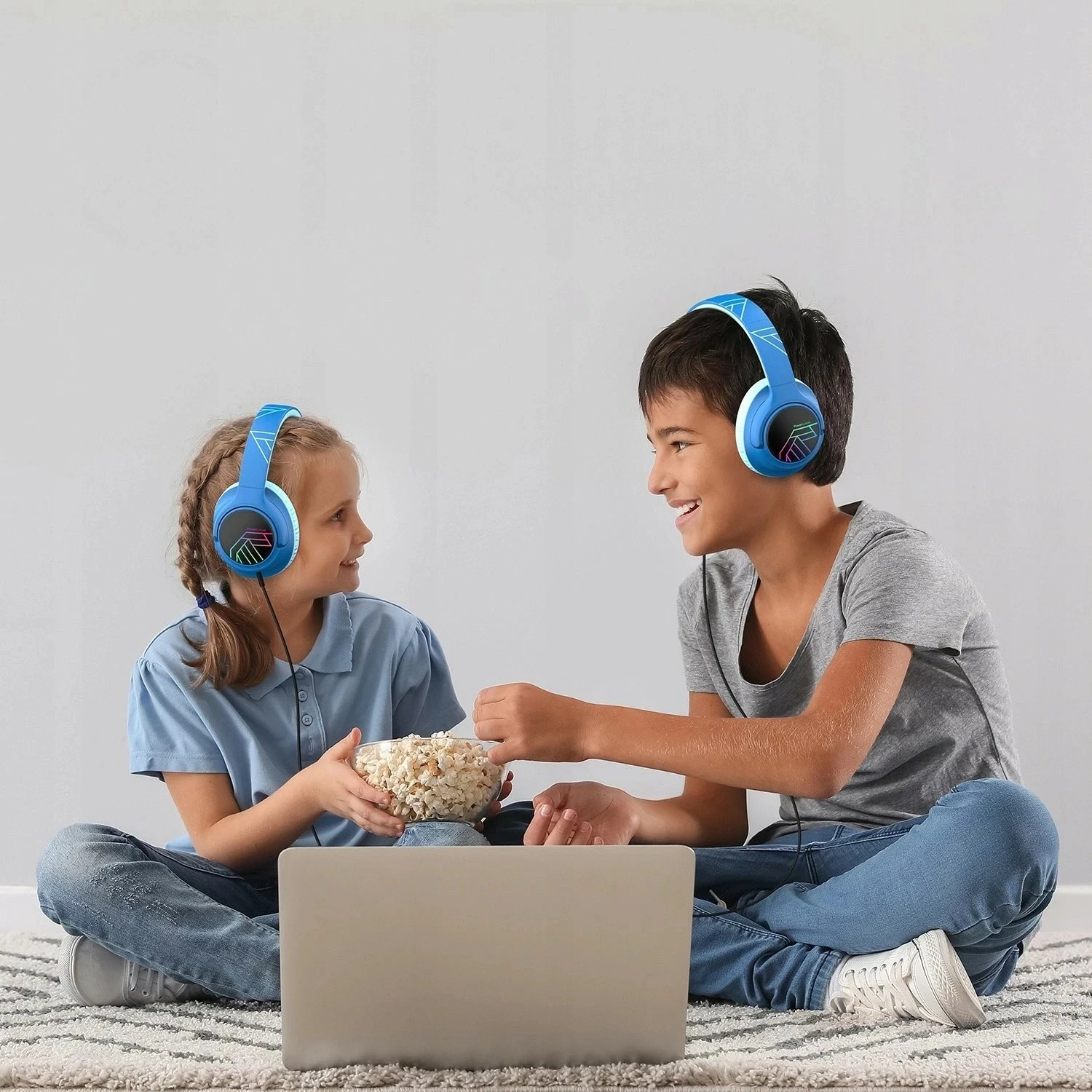 Kufje PowerLocus Bobo Kids, Bluetooth 5.3, LED, AUX 3.5mm, palosëse, zi-blu