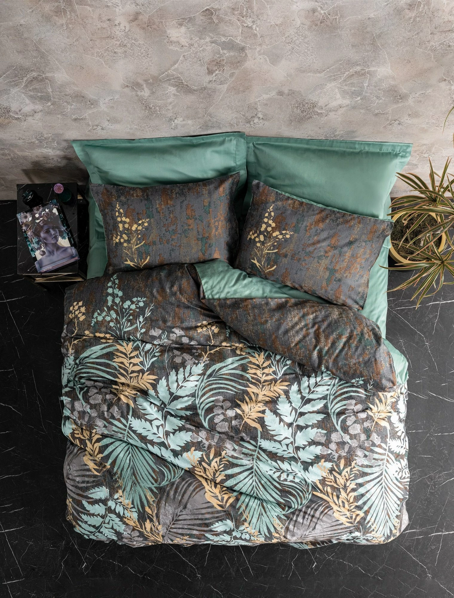Set mbulesë për jorgan dopio, saten, L'essentiel, Clorasa, ngjyrë mente, anthracite, kafe