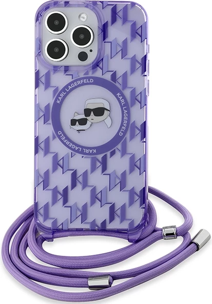 Mbështjellës Karl Lagerfeld IML Crossbody Monogram Karl & Choupette Head MagSafe për iPhone 15 Pro, vjollcë