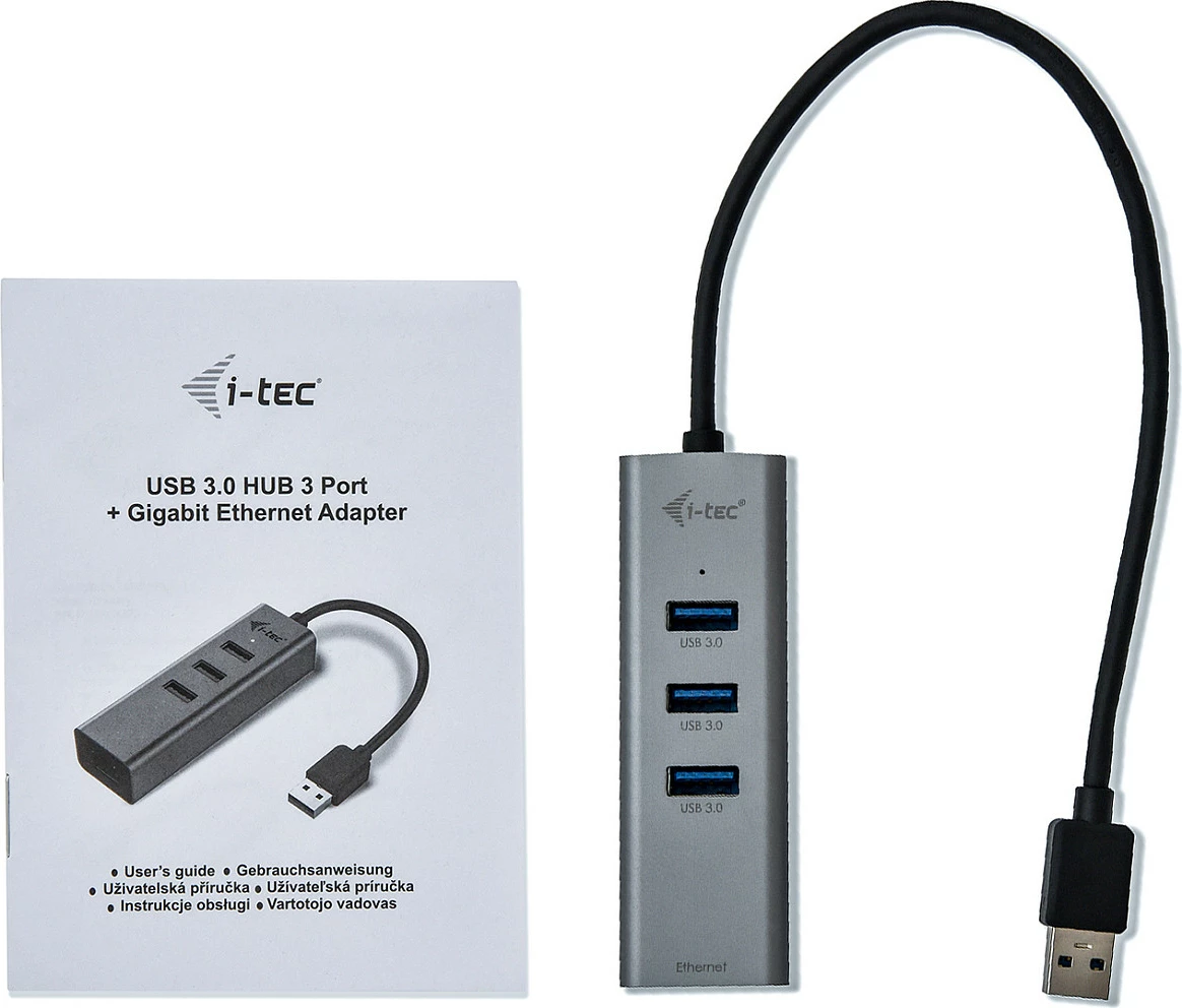 USB HUB i-tec Metal, 3x USB 3.0 + Gigabit Ethernet (RJ-45), USB-A, gri