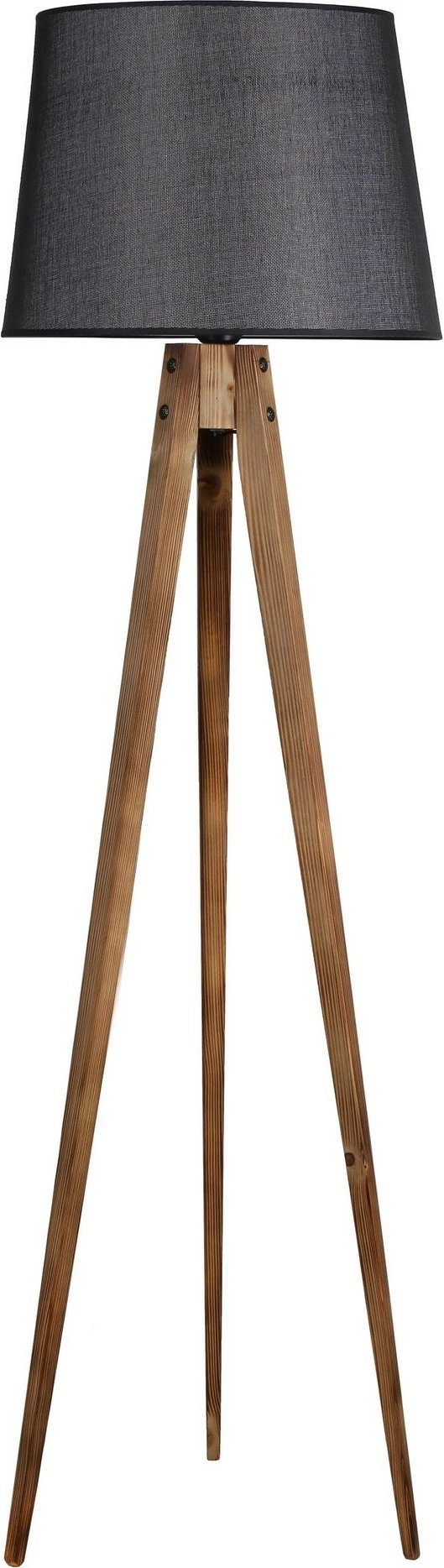 Llambë dyshemeje Opviq tripod, trup peme bredhi, abazhuri i zi, stil industrial-skandinav