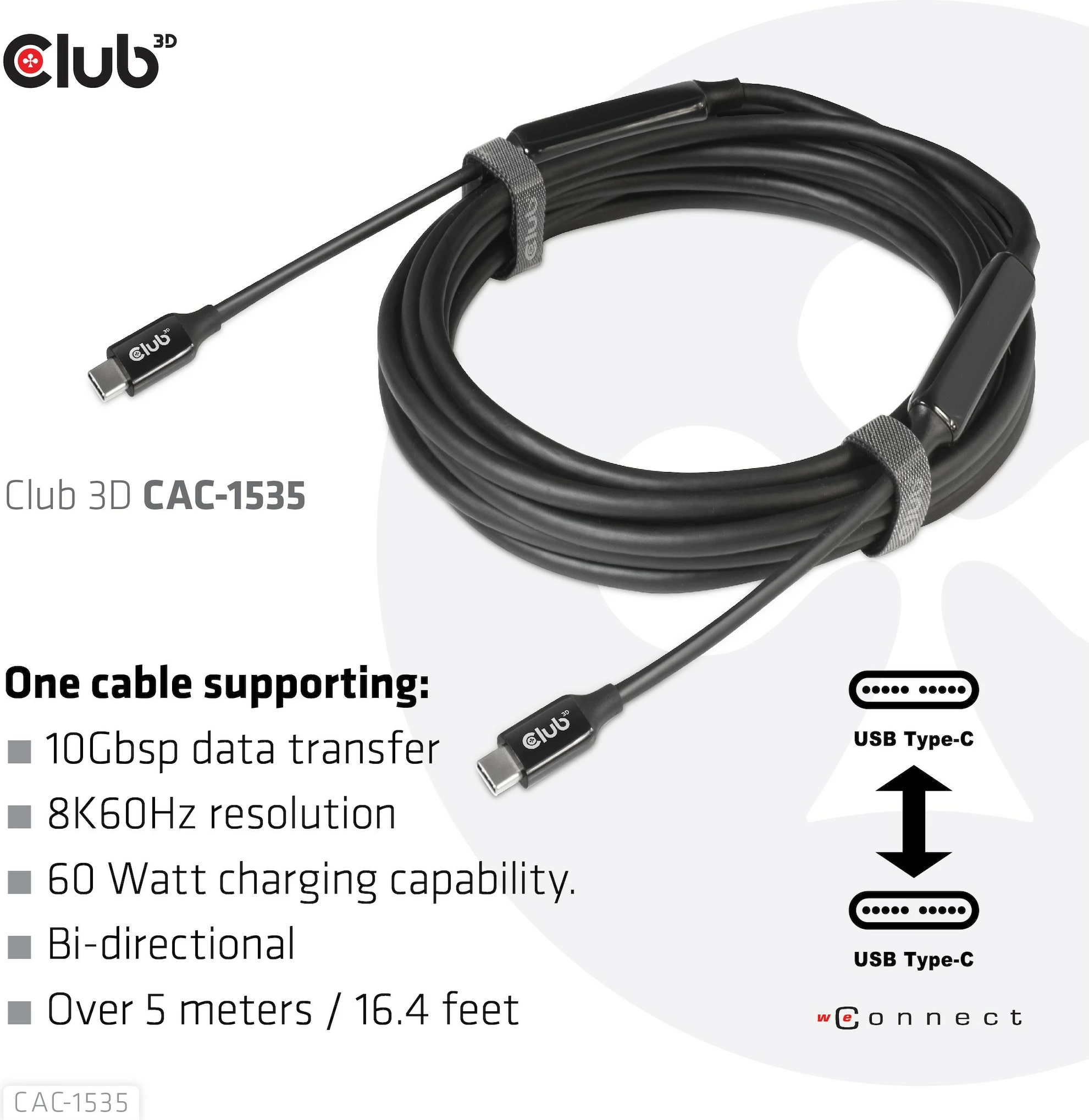 Kabllo USB-C Club3D 5m, USB 3.2 Gen 2, 60W, e zezë