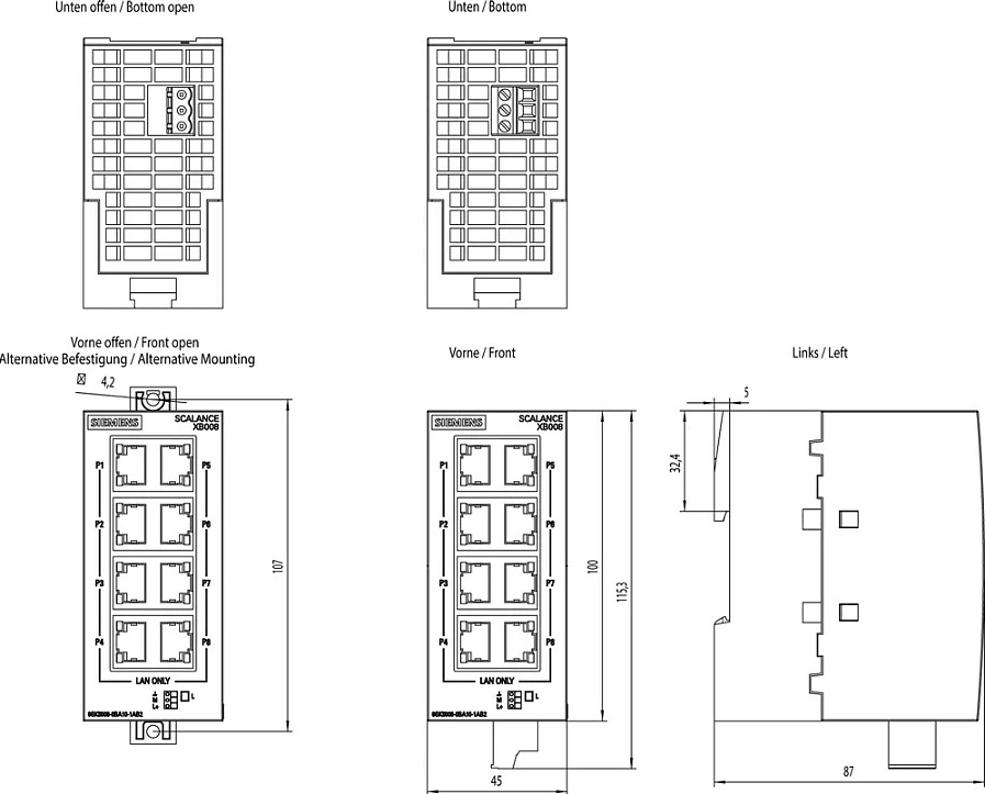 Switch industrial Ethernet Siemens SCALANCE XB008 6GK5008-0BA10-1AB2, unmanaged, 8-port, IP20, gri