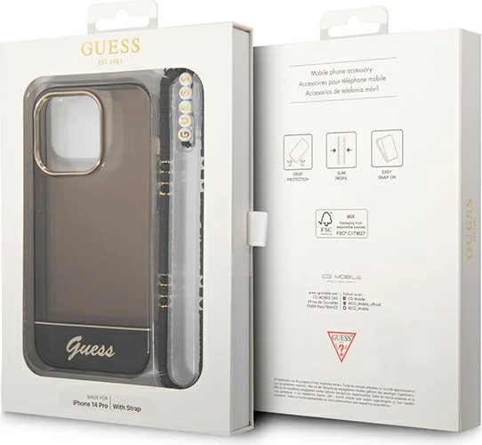 Mbështjellës Guess GUHCP14XHGCOHK për iPhone 14 Pro Max 6.7", me rrip dekorativ, i zi