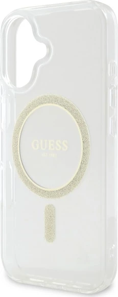 Mbështjellës Guess GUHMP16MHFGERET për iPhone 16 Plus 6.7", transparent, Glitter Circle MagSafe