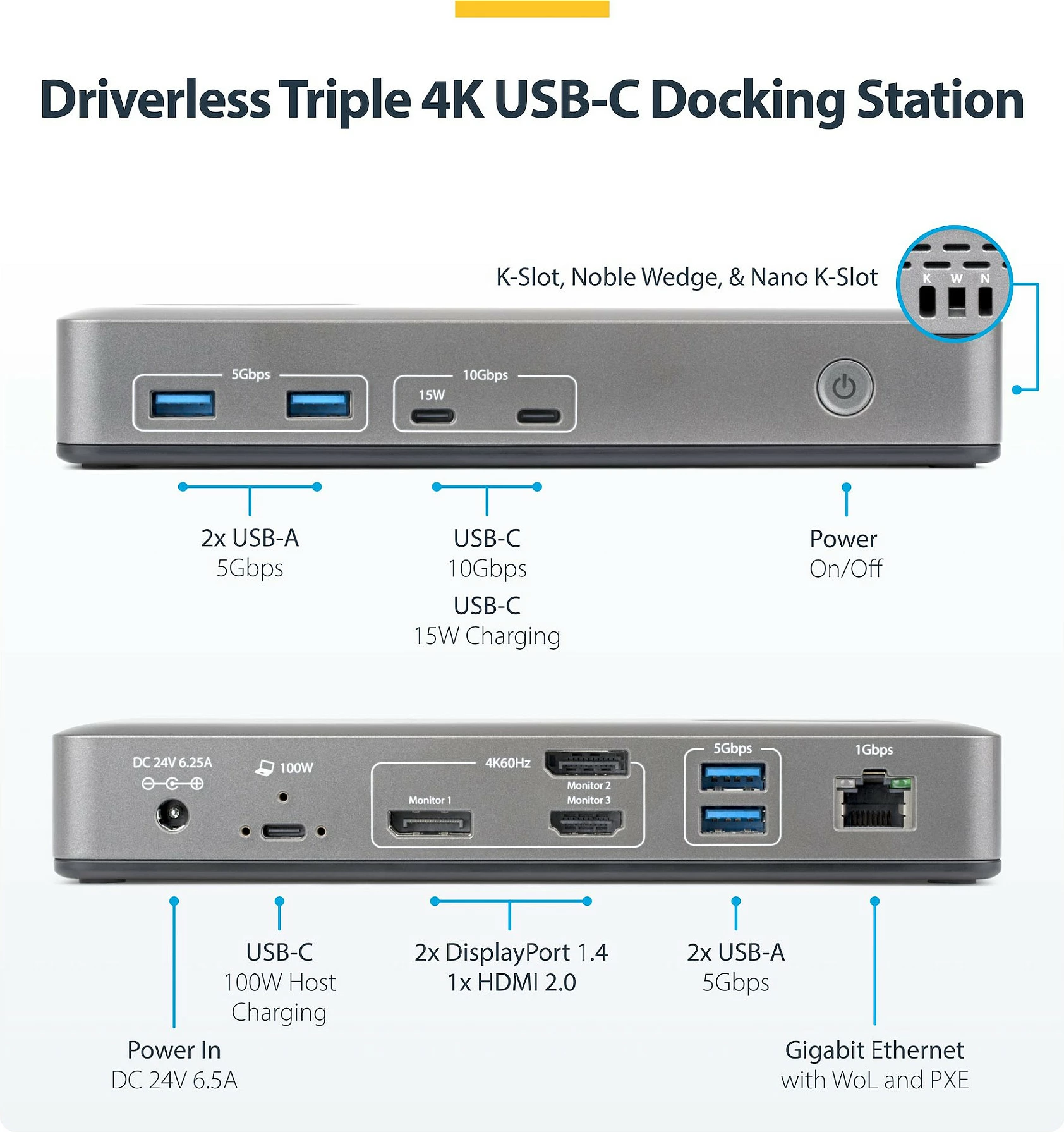 Docking station StarTech 199UE-USBC-DOCK, USB-C, HDMI + DisplayPort, 4K, Gigabit Ethernet, 10Gbps, gri