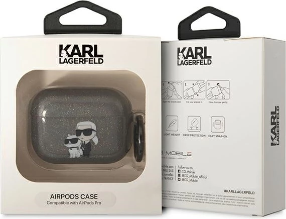 Mbështjellës Karl Lagerfeld KLAPHNKCTGK për AirPods Pro, Glitter Karl&Choupette, i zi, me unazë