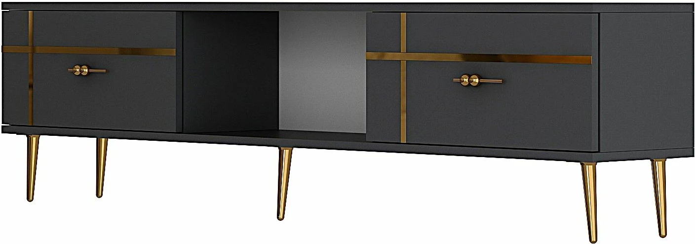 Komodë TV Skye Decor, ngjyrë antracit, detaje të arta