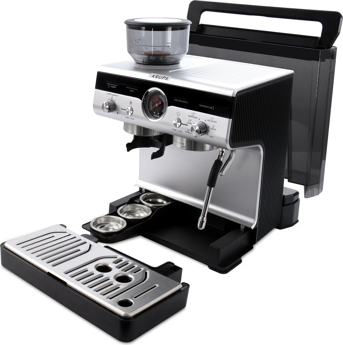 Makinë espresso Krups XP801T, me mulli të integruar, 3L, inox/e zezë