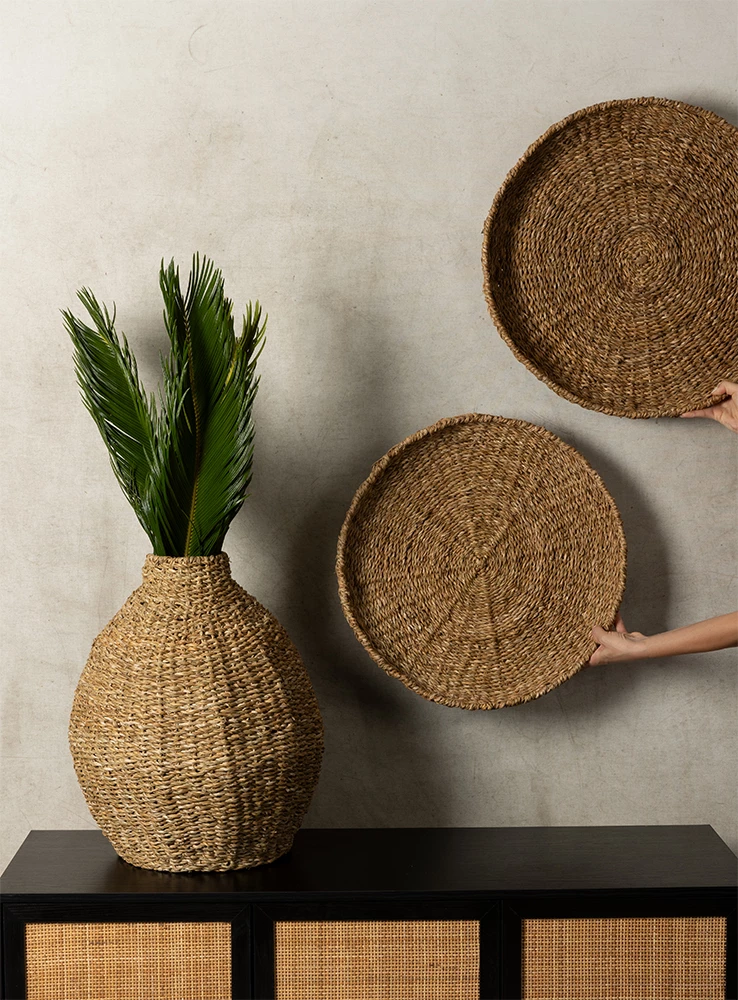 Set tabakash NEREA, 3 copë, kashtë deti natyrale, metal, 55x55x8cm