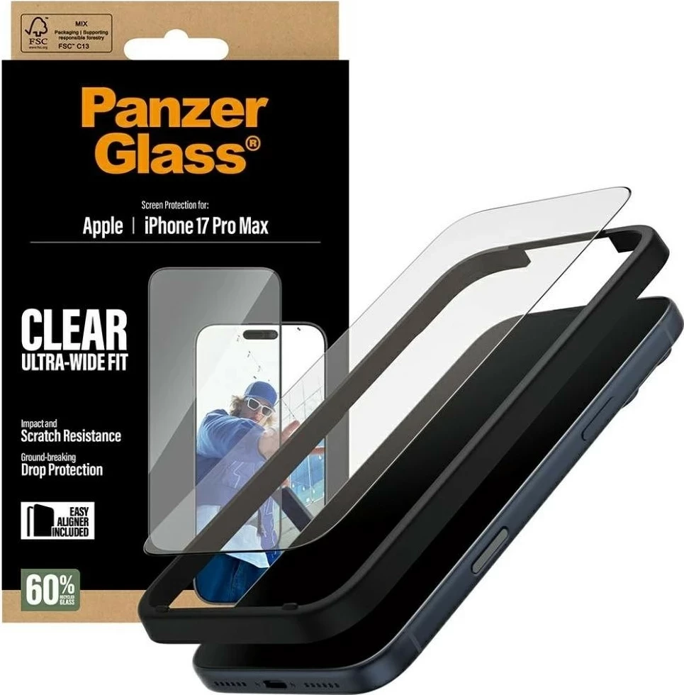 Mbështjellës xhami PanzerGlass Ultra-Wide Fit EasyAligner për iPhone 17 Pro Max transparent