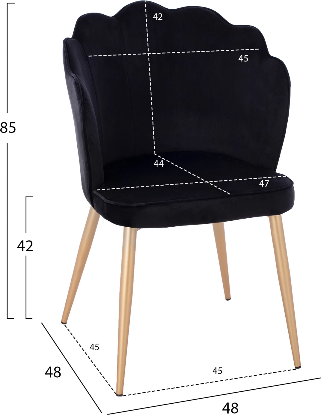 Karrige FH8737.04 kadife e zezë me kornizë metalike të artë 48x48x85 cm., set prej 2 copë