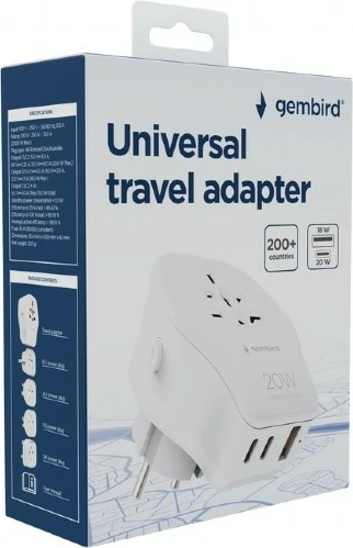 Adapter udhëtimi universal, Gembird, TPA-1A2C20-02-W, 20 W PD/QC, 3x USB (2x Type-C 20 W, 1x Type-A 18 W), prizë AC universale me siguresë 10 A, 4 koka US/UK/EU/AU, e bardhë