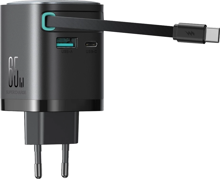 Karikues muri Joyroom JR-TCL02 GaN, 65W, 3 porta (USB-A, USB-C, kabllo USB-C), i zi