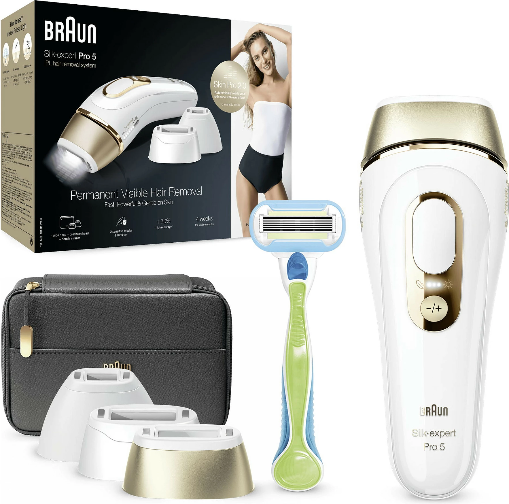 Depilator IPL Braun Silk-expert Pro 5 PL5243, 125 shkrepje, sensor Skin Pro 2.0, gold/bardhë