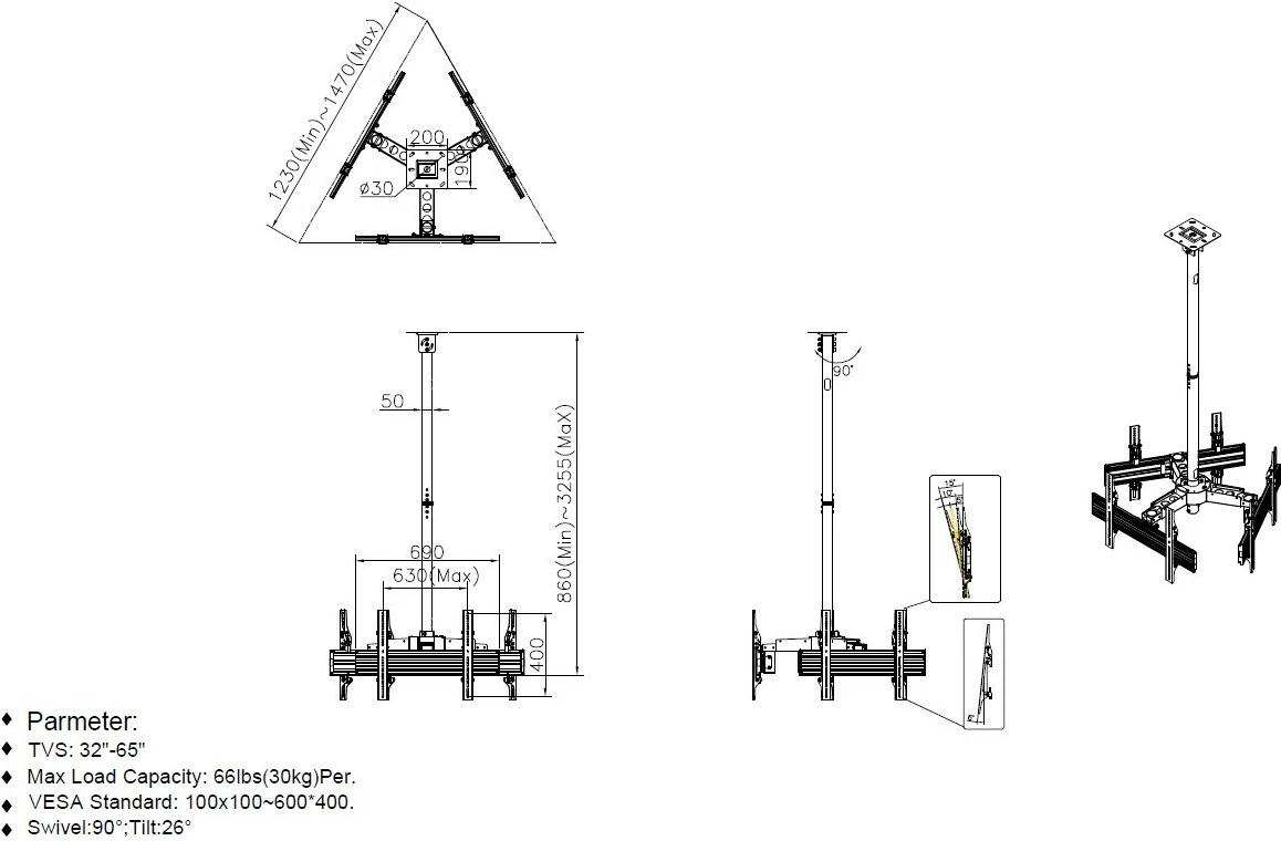 Mbajtës tavani për 3 TV, Equip, 32-65 inç, 90 kg, i zi