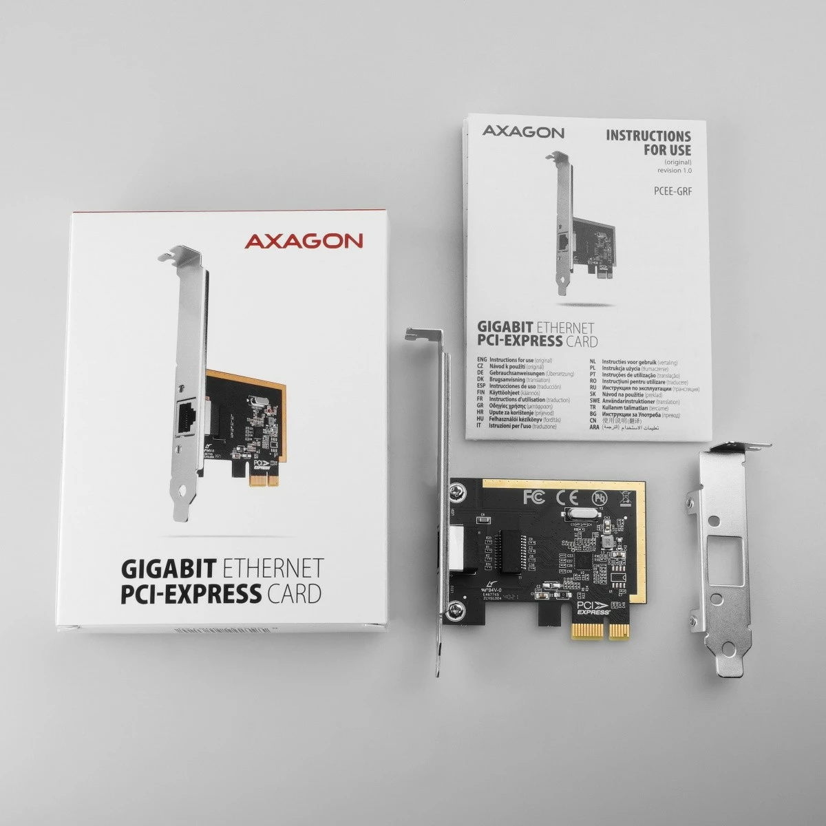 Kartelë rrjeti AXAGON PCEE-GRF, PCIe, 1x Gigabit Ethernet, Realtek RTL8111E/F, me mbajtëse standarde dhe low-profile
