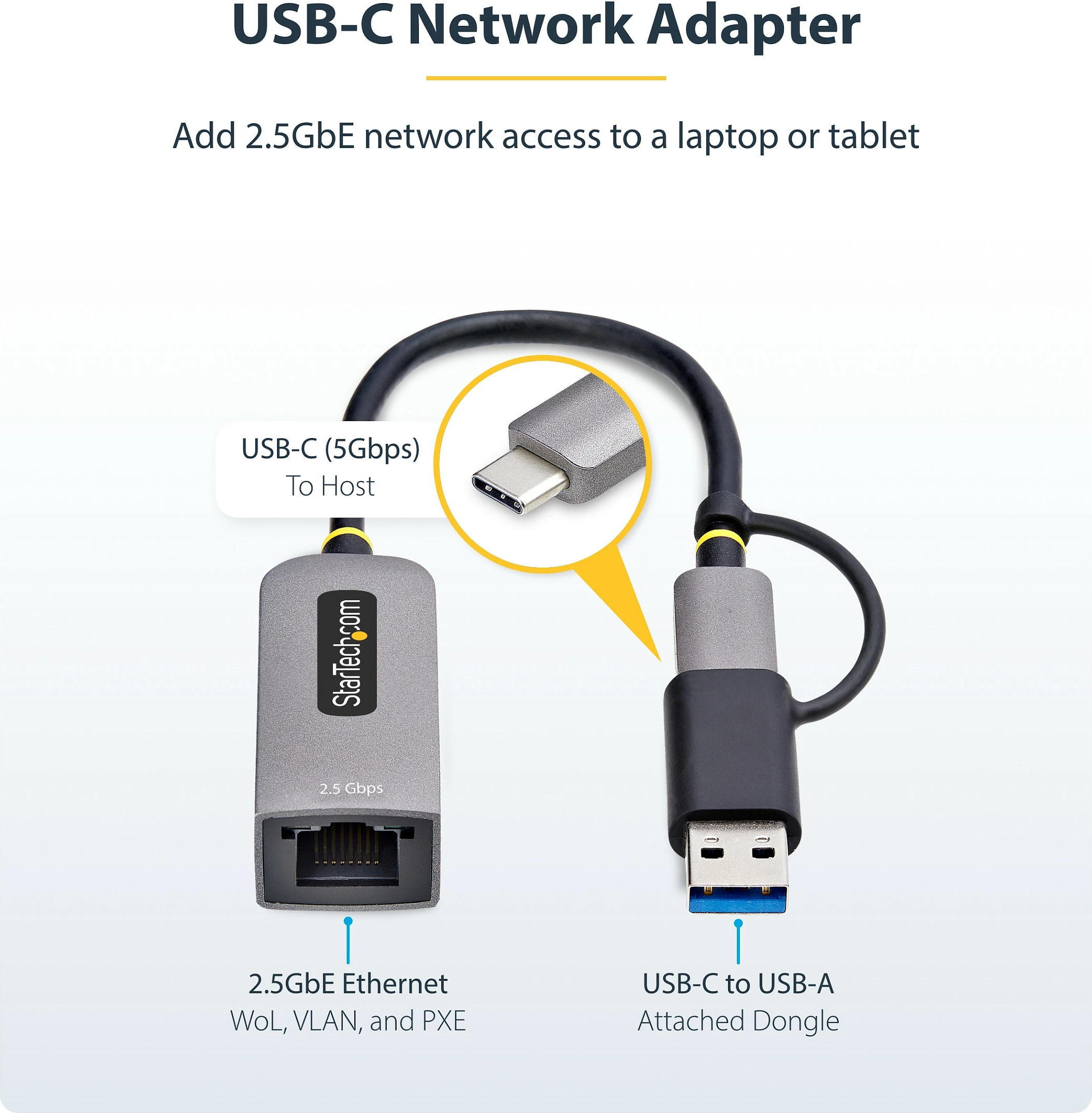 Adapter rrjeti StarTech USB-C në Ethernet 2.5GbE, Realtek RTL8156BG, me konvertues USB-A, 15cm, gri