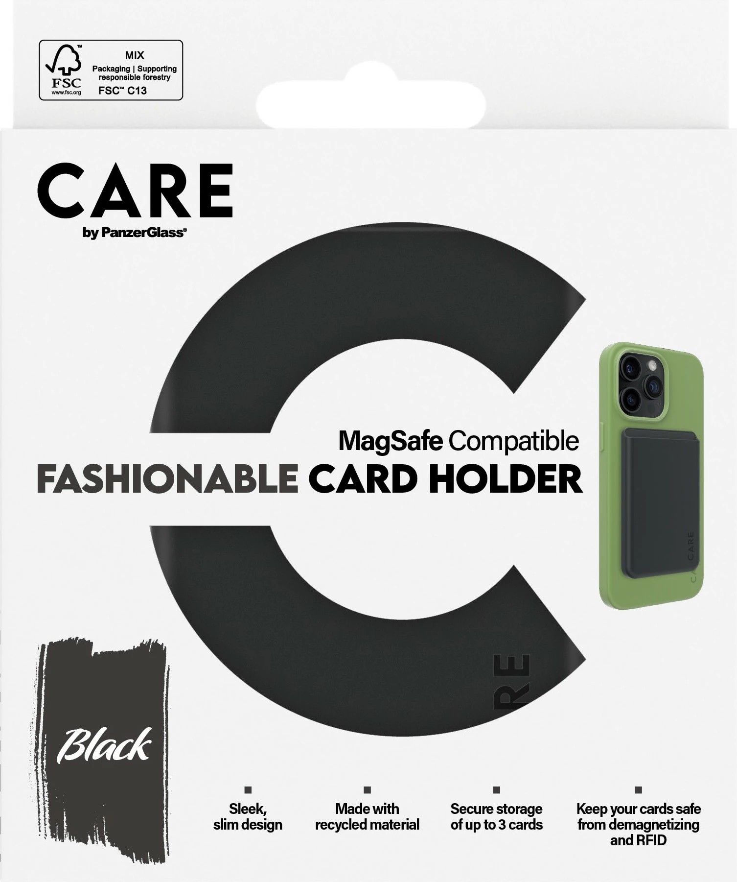 Mbështjellës kartash PanzerGlass CARE për iPhone, silikon, i zi