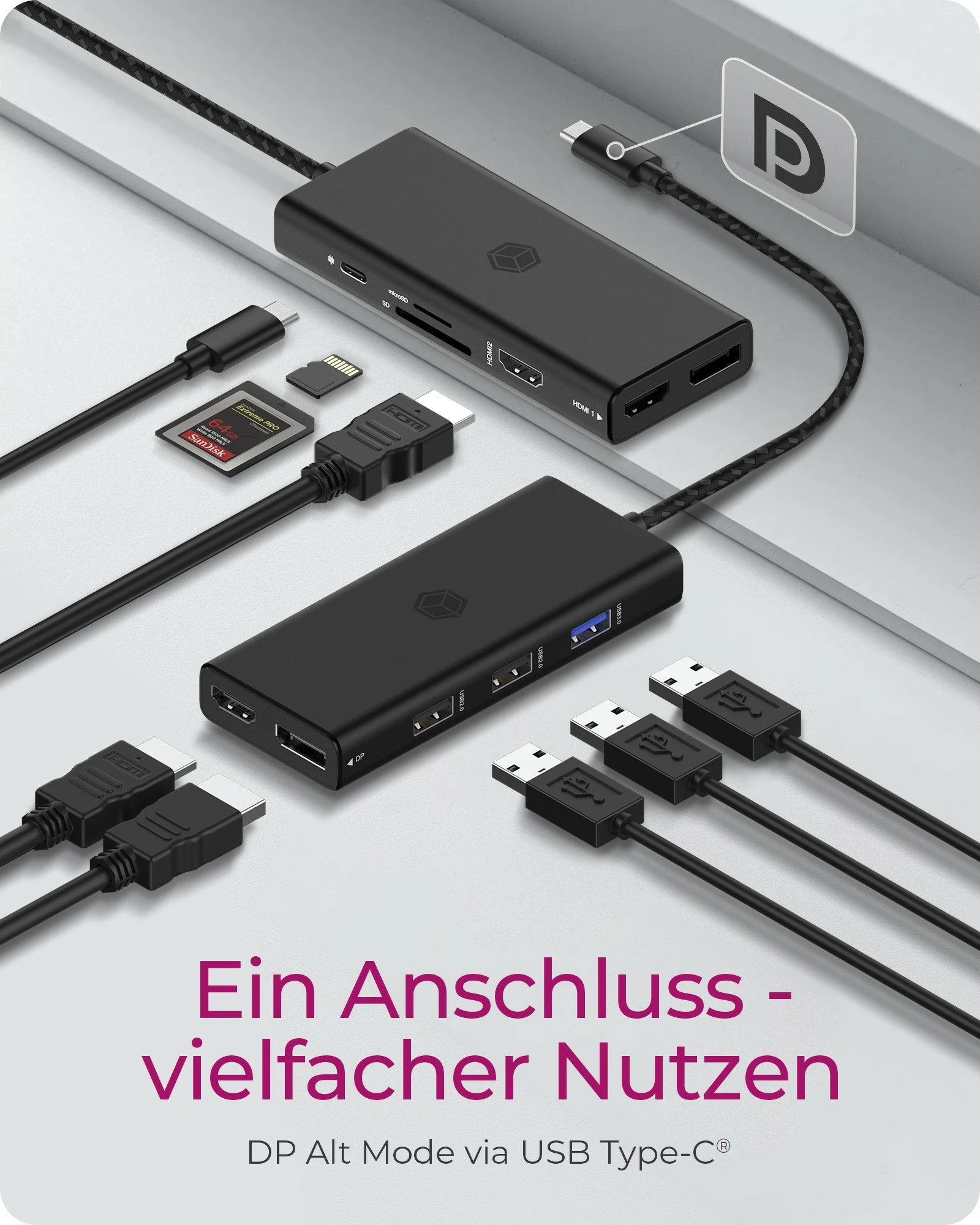 Docking station ICY BOX IB-DK4011-CPD, USB Type-C, HDMI, DisplayPort, MicroSD, e zezë
