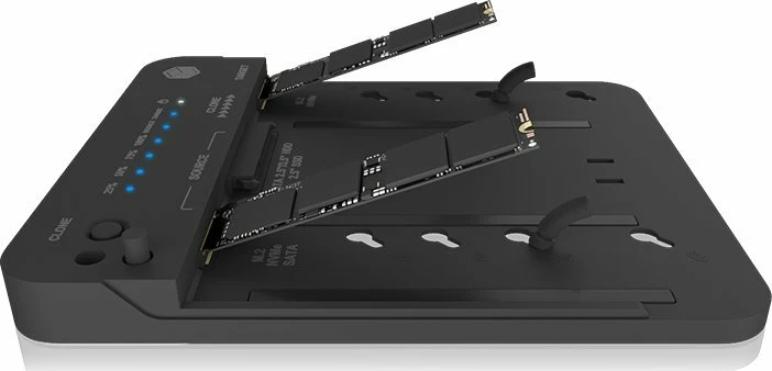 Stacion dokimi Icy Box IB-2913MCL-C31, USB-C 3.2, për M.2 NVMe/SATA + SATA 2.5/3.5, klonim me një buton, e zezë