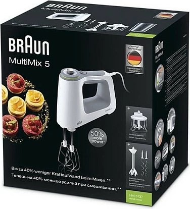 Mikser dore Braun MultiMix HM 5137, 750 W, 9 shpejtësi, Turbo, bardhë/gri