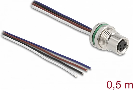 Kabllo DeLOCK M8 panel-mount A-coded 4-pin, 0.5 m, AWG24, TPU, e zezë