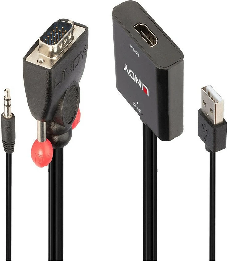 Konverter LINDY VGA + Audio në HDMI, me USB furnizim, i zi