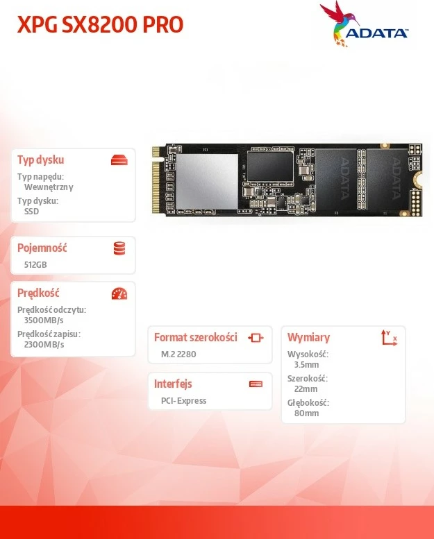 SSD NVMe M.2 2280, Adata XPG SX8200 PRO ASX8200PNP-512GT-C, 512GB, PCIe 3.0 x4, 3500/2300 MB/s