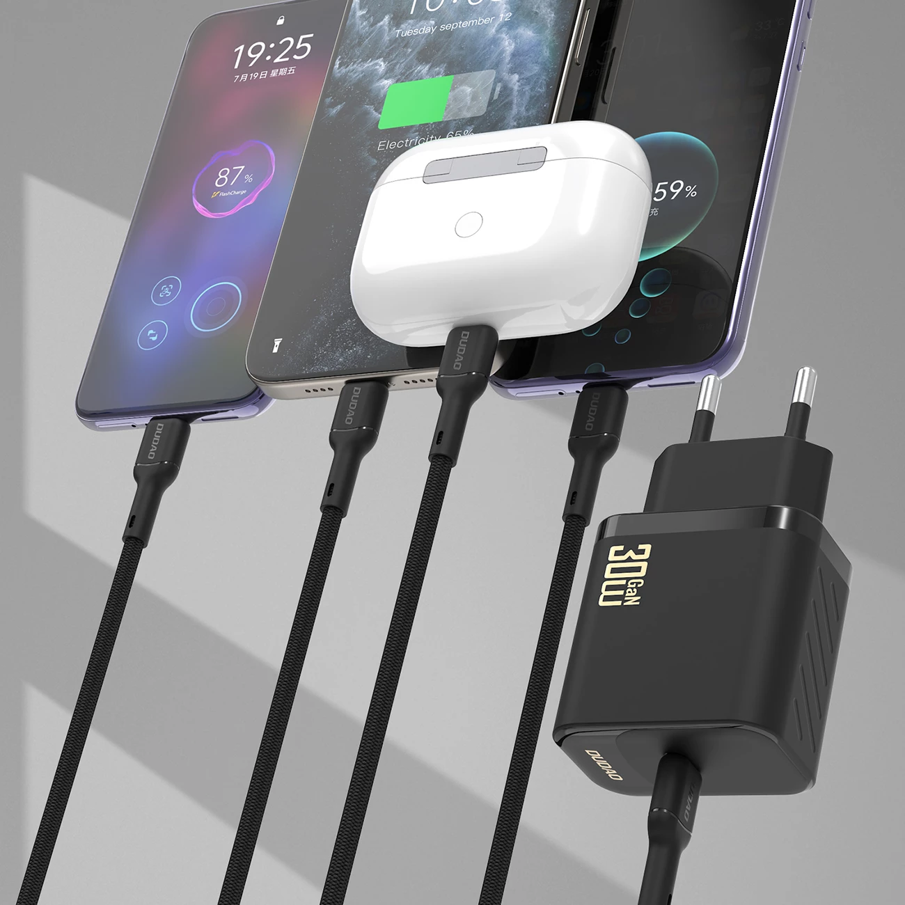 Karikues muri GaN, Dudao A27PCEU, PD 30W, USB-C 1 port, prizë EU, me kabllo USB-C, i zi