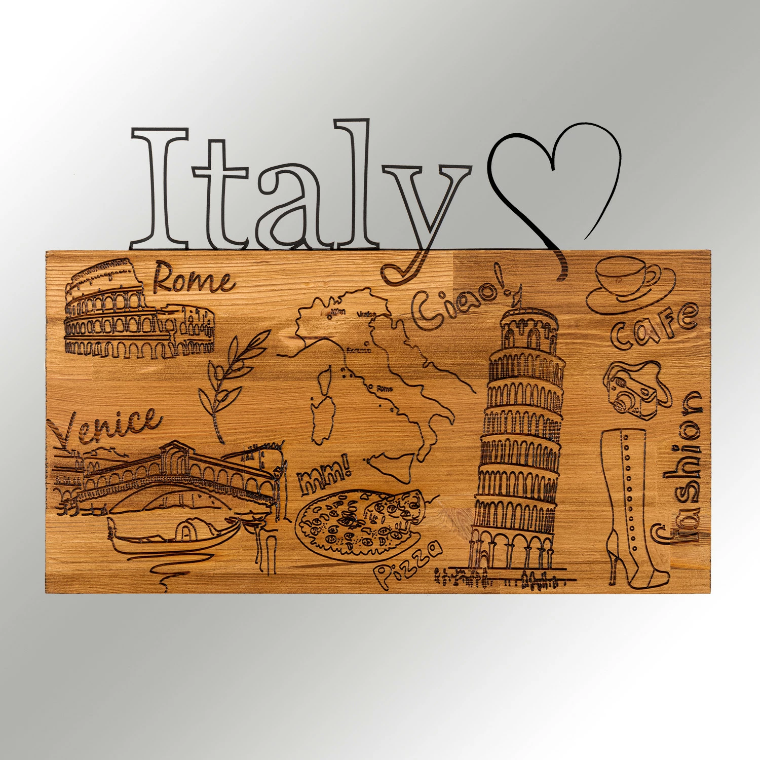 Aksesor dekorativ për mur, dru dhe metal, 'I Love You Italy', ngjyrë e zezë dhe arre, 58x41cm