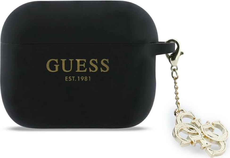 Mbështjellës silikoni Guess 4G Charm për AirPods Pro 3, hardcase me varëse, i zi, në kuti