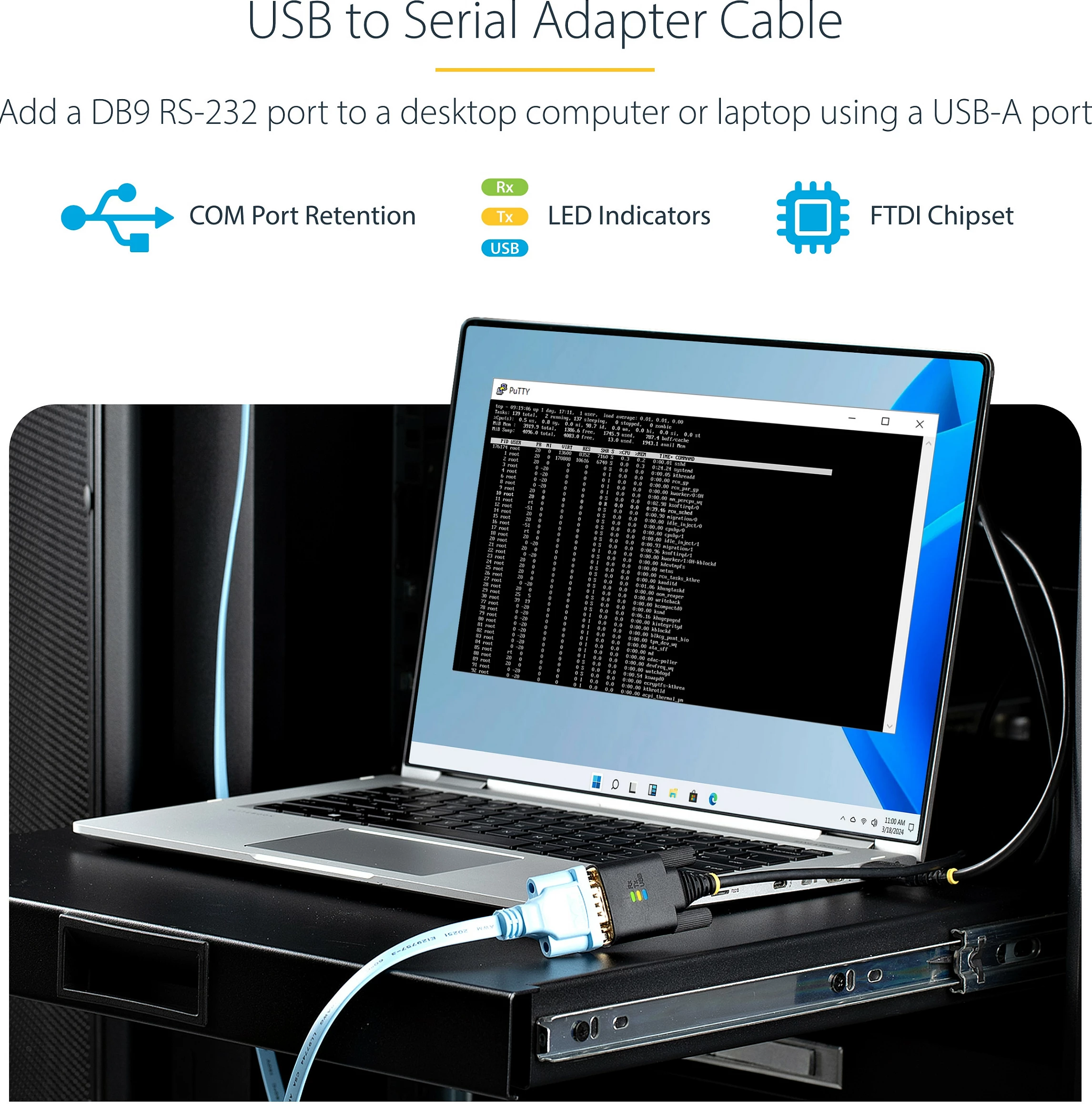 Kabllo adapter StarTech USB-A në Serial RS232 DB9, 2m, FTDI, e zezë
