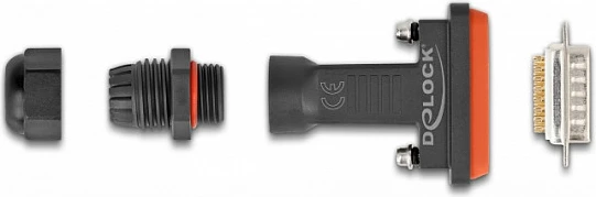 Konektor D-Sub 15-pin DeLOCK, mashkull, IP67, për saldim, i zi/portokalli